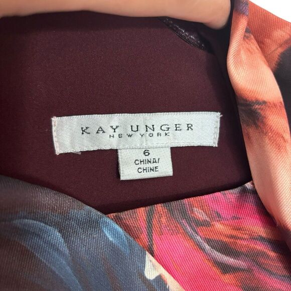 Kay Unger Iris Oxblood Multi Floral One-Shoulder Handkerchief Hem Midi Size 6 - Picture 10 of 13